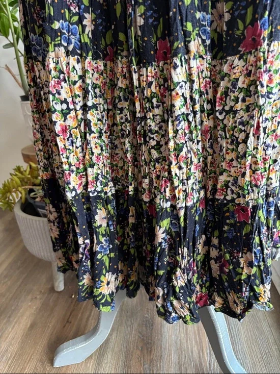 Vintage Black Floral Tiered Maxi Skirt with Pink and Blue Blossoms - Picture 6 of 6